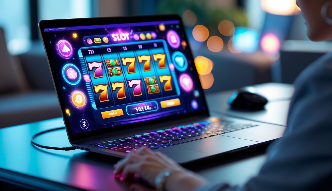 Seorang pemain sedang menggunakan komputer dengan layar menampilkan permainan slot online yang berwarna-warni di lingkungan gaming yang nyaman dan modern.