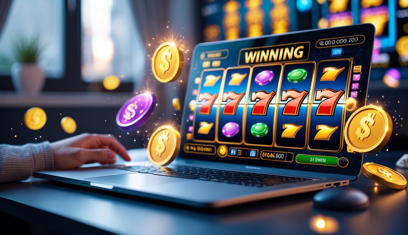 Seorang pria menggunakan laptop dengan tampilan permainan slot online yang berwarna-warni di ruangan modern.