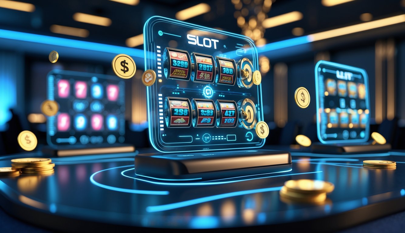 Antarmuka digital futuristik dengan ikon mesin slot dan grafik naik di latar kasino modern yang elegan.