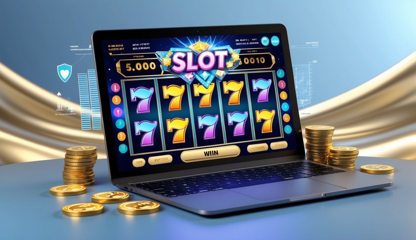 Seorang pemain menggunakan komputer dengan tampilan mesin slot warna-warni yang menunjukkan kemenangan besar di layar.