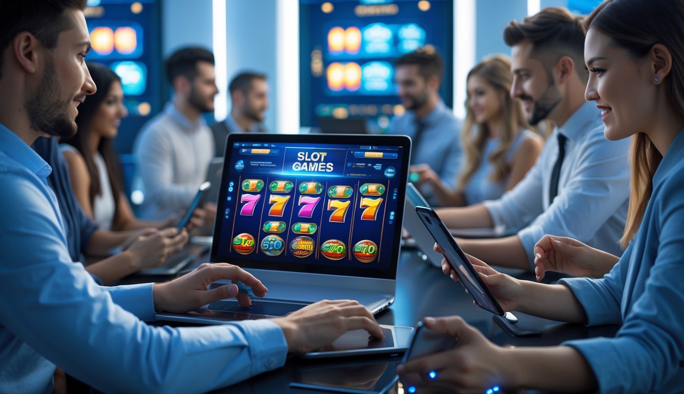 Orang-orang menggunakan perangkat digital untuk bermain permainan slot online di lingkungan modern yang profesional.
