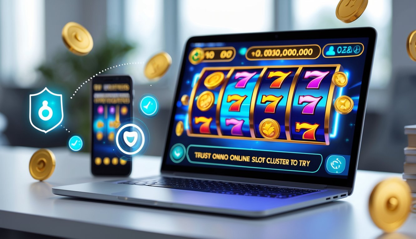 Laptop dan smartphone menampilkan permainan slot online dengan simbol warna-warni di layar, di atas meja bersih dengan latar belakang yang menampilkan ikon keamanan digital.
