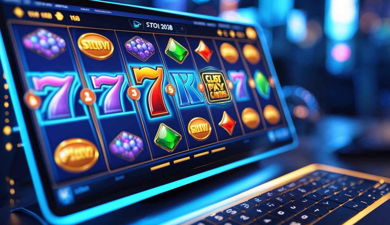 Layar komputer menampilkan permainan slot online dengan simbol warna-warni dan latar belakang modern yang samar.