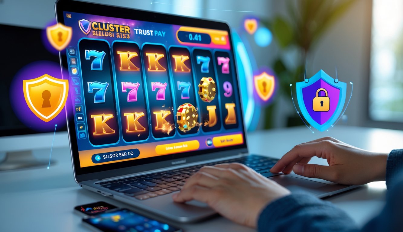 Orang menggunakan komputer dengan permainan slot online berwarna cerah di layar, menunjukkan suasana bermain yang menyenangkan dan aman.