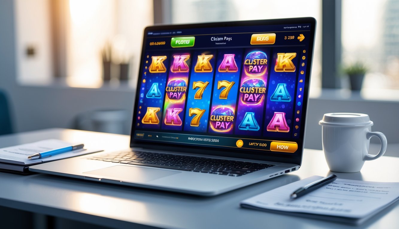 Seorang pengguna duduk di depan komputer dengan layar menampilkan permainan slot cluster pays yang berwarna-warni, di meja terdapat catatan dan secangkir kopi.