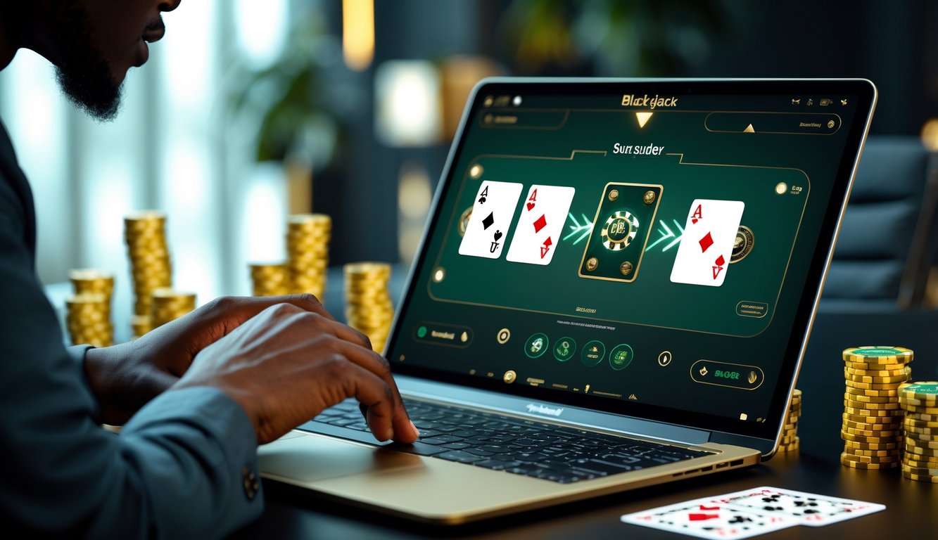Tangan pemain sedang menggunakan laptop untuk bermain blackjack online dengan kartu digital dan chip di layar.