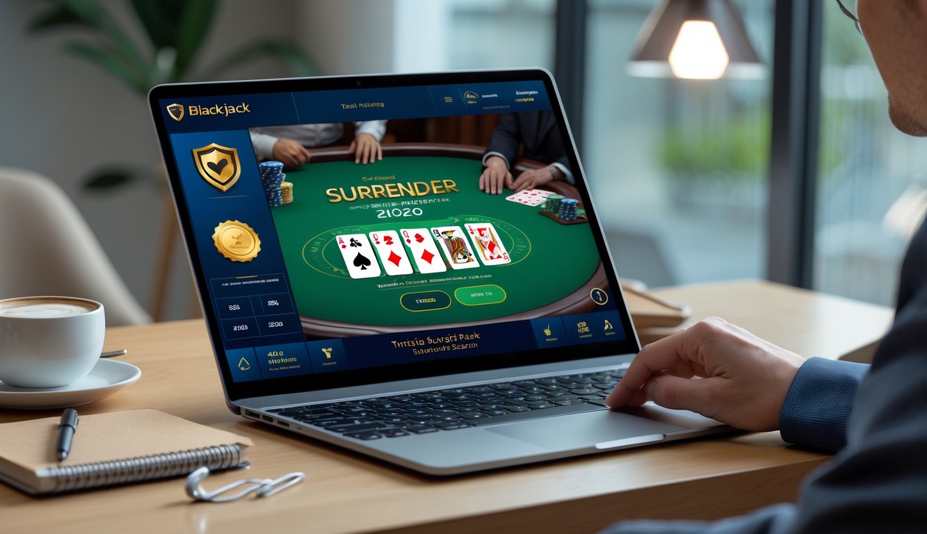 Seorang pemain sedang bermain blackjack online di laptop dengan suasana meja yang rapi dan nyaman.