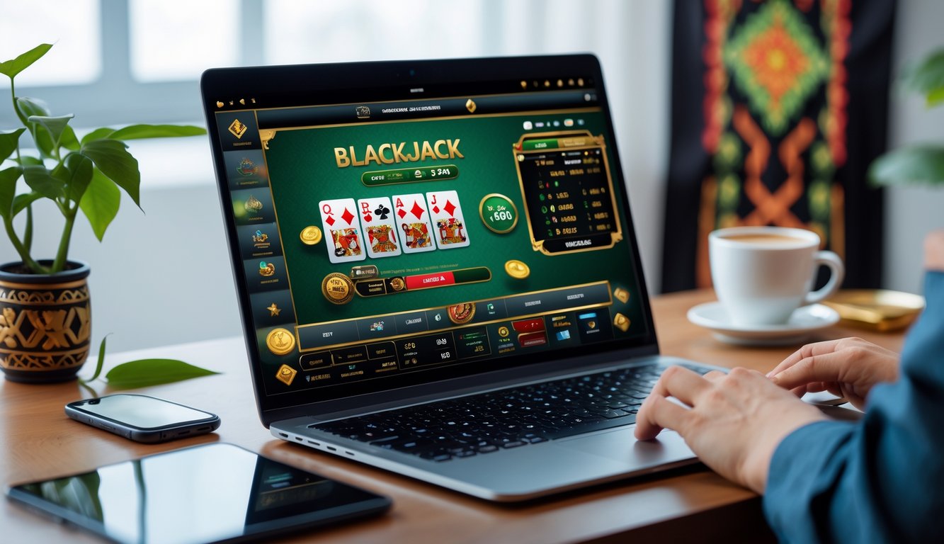Seorang pemain menggunakan komputer dengan permainan blackjack online di layar, di meja terdapat cangkir kopi dan ponsel, dengan latar belakang elemen budaya Indonesia.