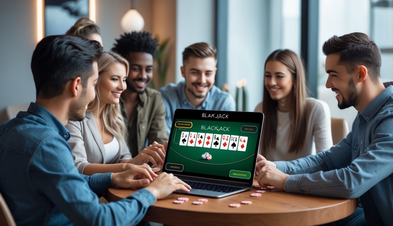 Sekelompok orang muda sedang bermain blackjack online di depan laptop di ruangan modern yang terang dan nyaman.