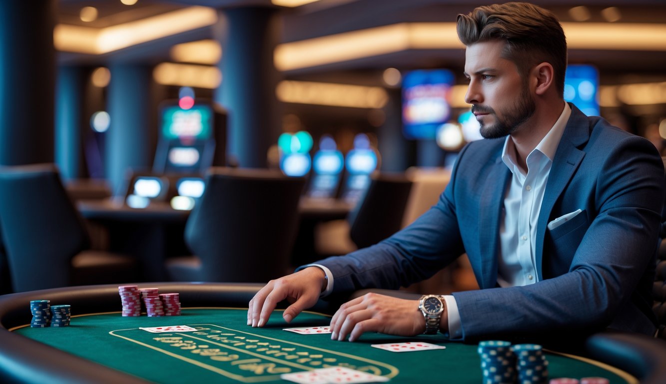 Seorang pria duduk di meja blackjack di kasino modern, fokus memikirkan langkah selanjutnya dalam permainan kartu.