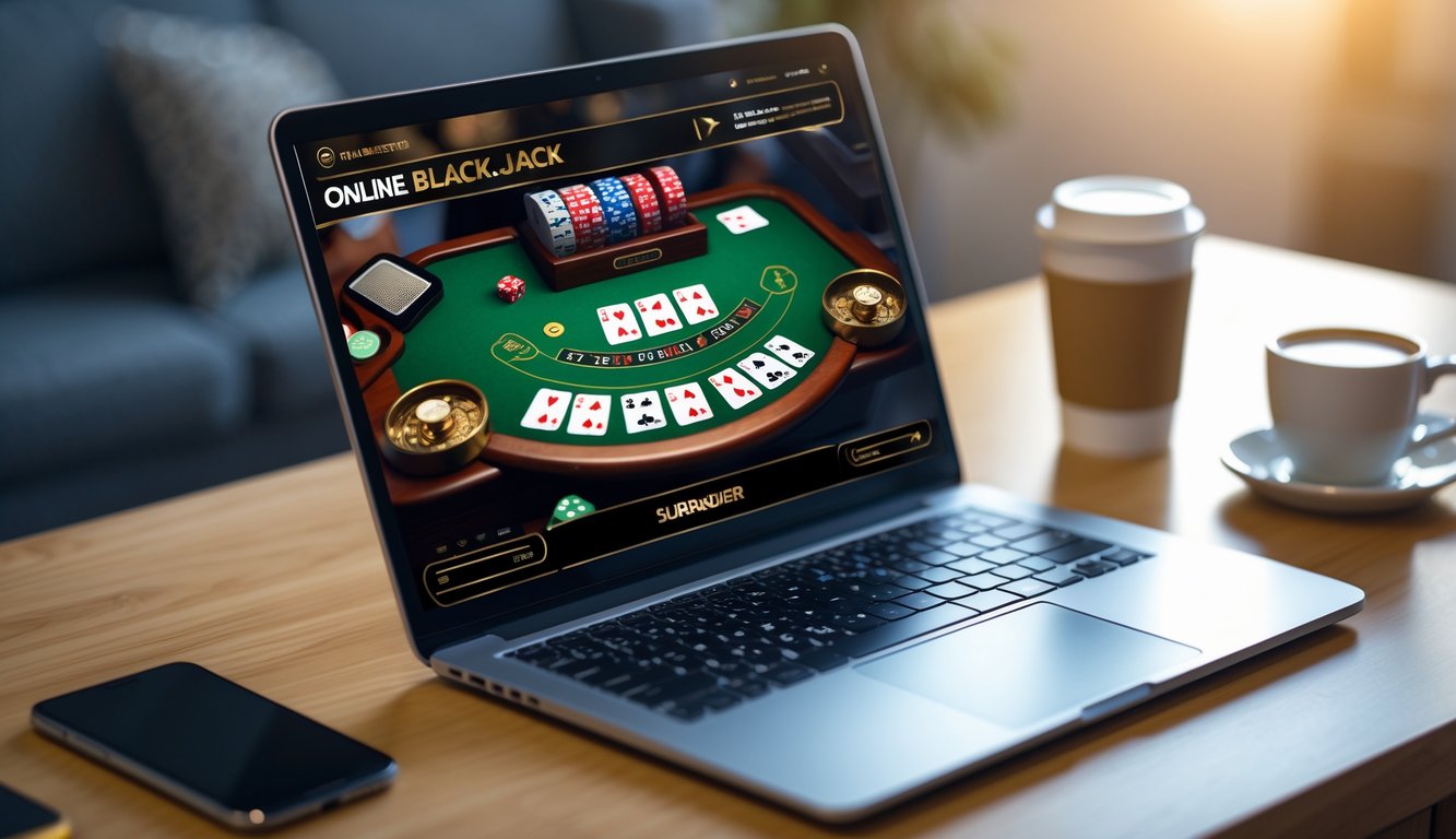 Layar laptop menampilkan permainan blackjack online dengan kartu dan chip di atas meja kayu, dikelilingi oleh ponsel dan cangkir kopi.