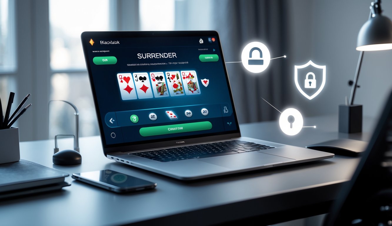 Seorang pengguna duduk di depan laptop dengan permainan blackjack online yang menampilkan opsi menyerah, di meja kerja yang rapi dan aman.