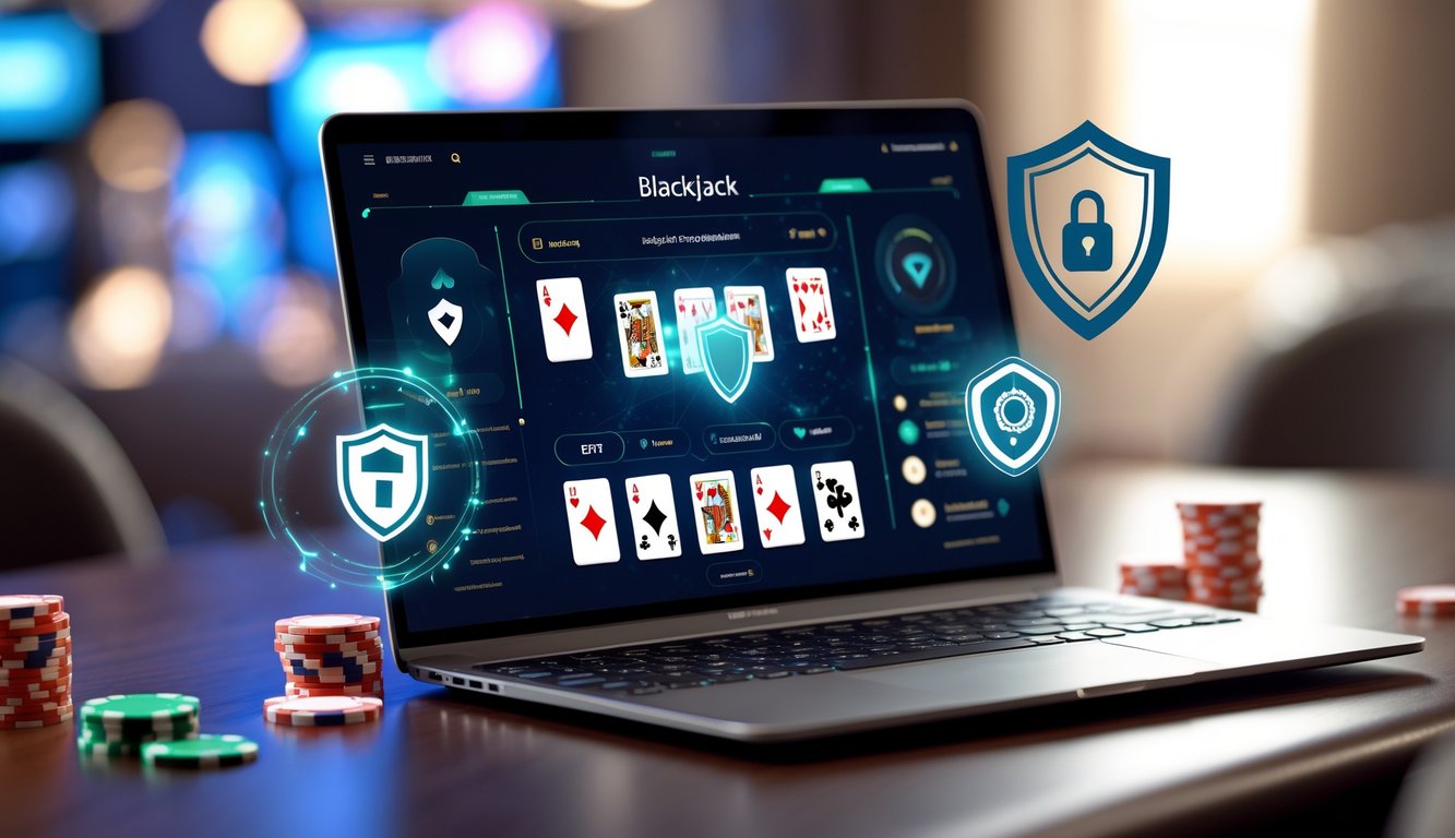 Seorang pemain menggunakan komputer dengan tampilan permainan blackjack online yang menampilkan kartu dan chip di layar, dengan latar belakang suasana kasino yang elegan dan elemen keamanan digital.