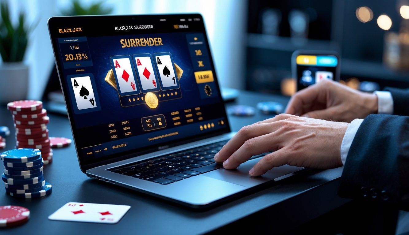 Seorang pemain sedang bermain blackjack online di laptop dengan kartu dan chip poker di meja, menunjukkan suasana fokus dan profesional.