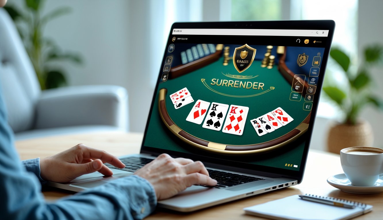 Seorang pemain blackjack online menggunakan laptop di meja kerja dengan suasana nyaman dan pencahayaan terang.