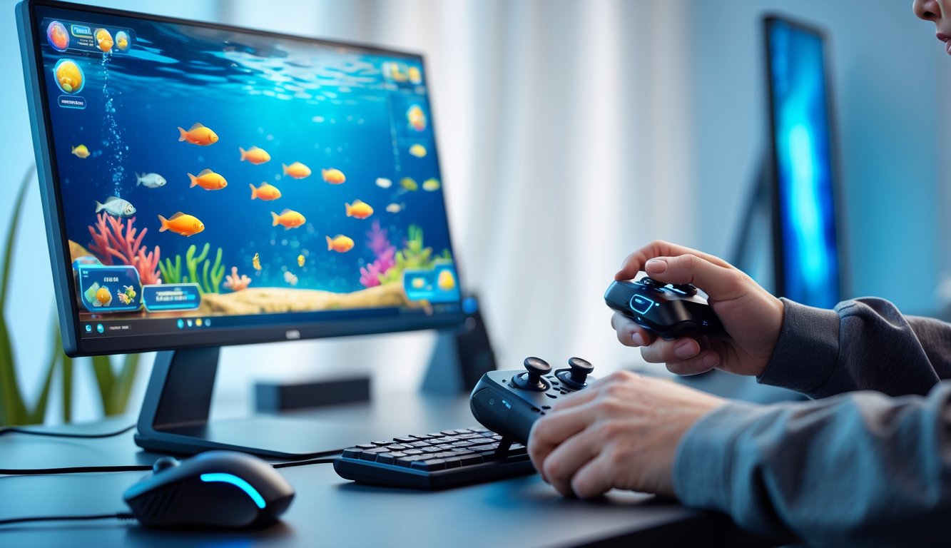 Seseorang sedang bermain game tembak ikan online di komputer dengan layar menampilkan grafik bawah laut berwarna-warni.