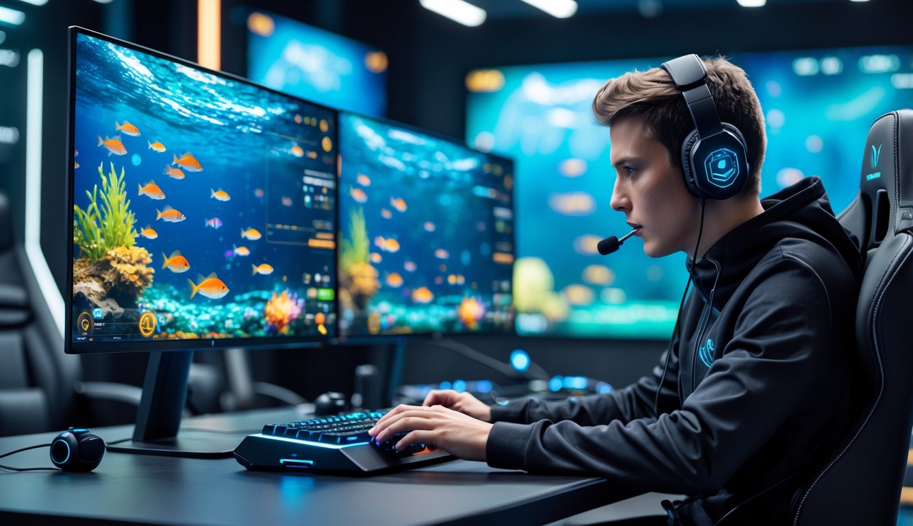 Seorang pemain profesional sedang bermain game tembak ikan online dengan layar komputer menampilkan ikan berwarna-warni di lingkungan gaming modern.