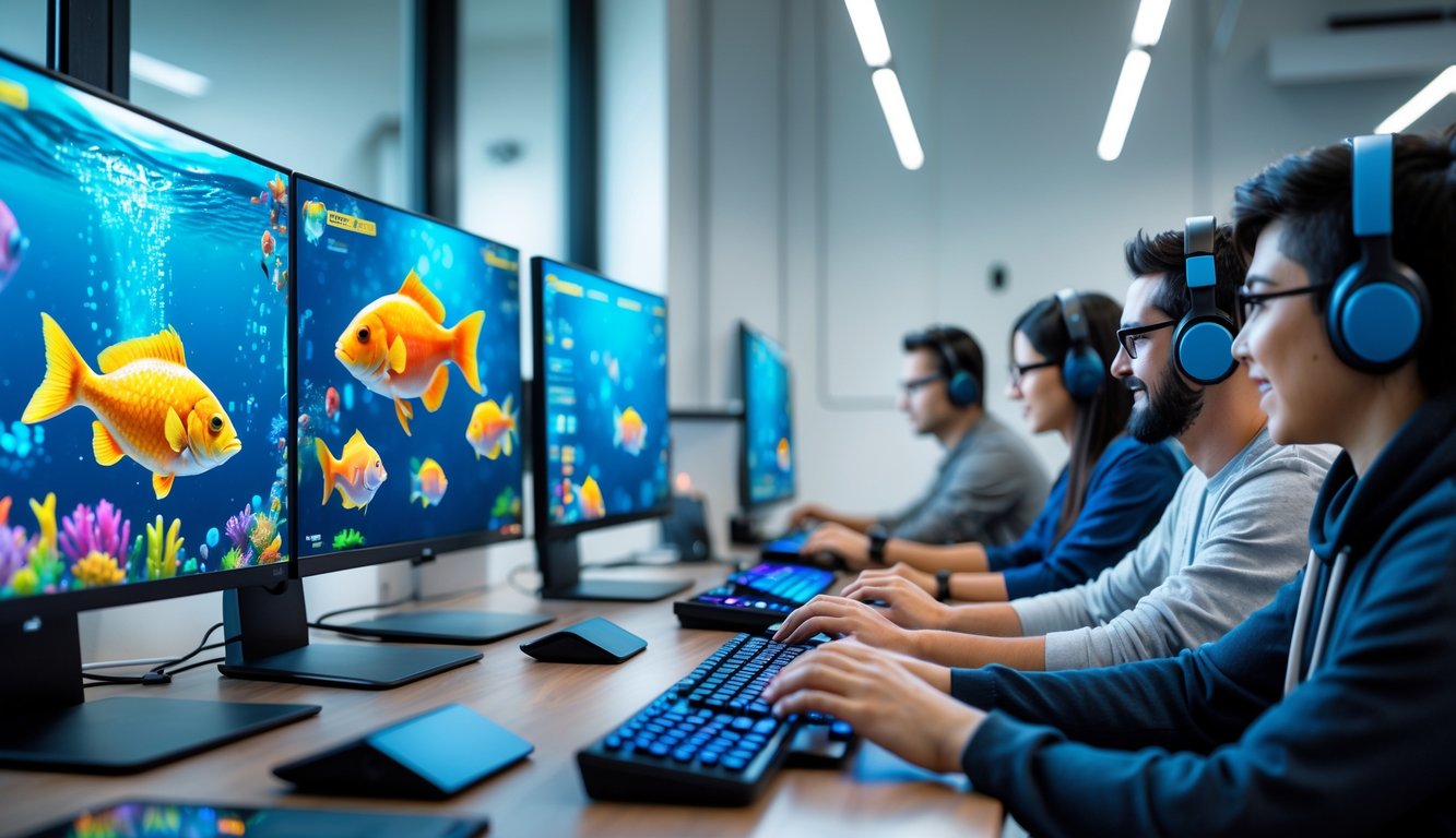 Orang-orang sedang bermain game tembak ikan online di komputer dengan layar menampilkan ikan warna-warni di latar bawah laut.