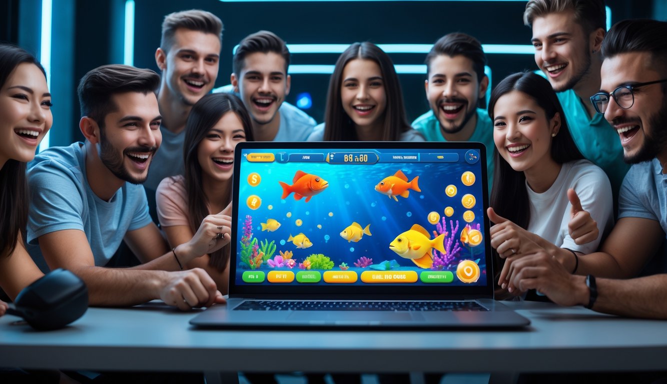 Sekelompok orang muda sedang bermain permainan tembak ikan online di sebuah ruangan modern dengan komputer yang menampilkan layar permainan ikan berwarna cerah.