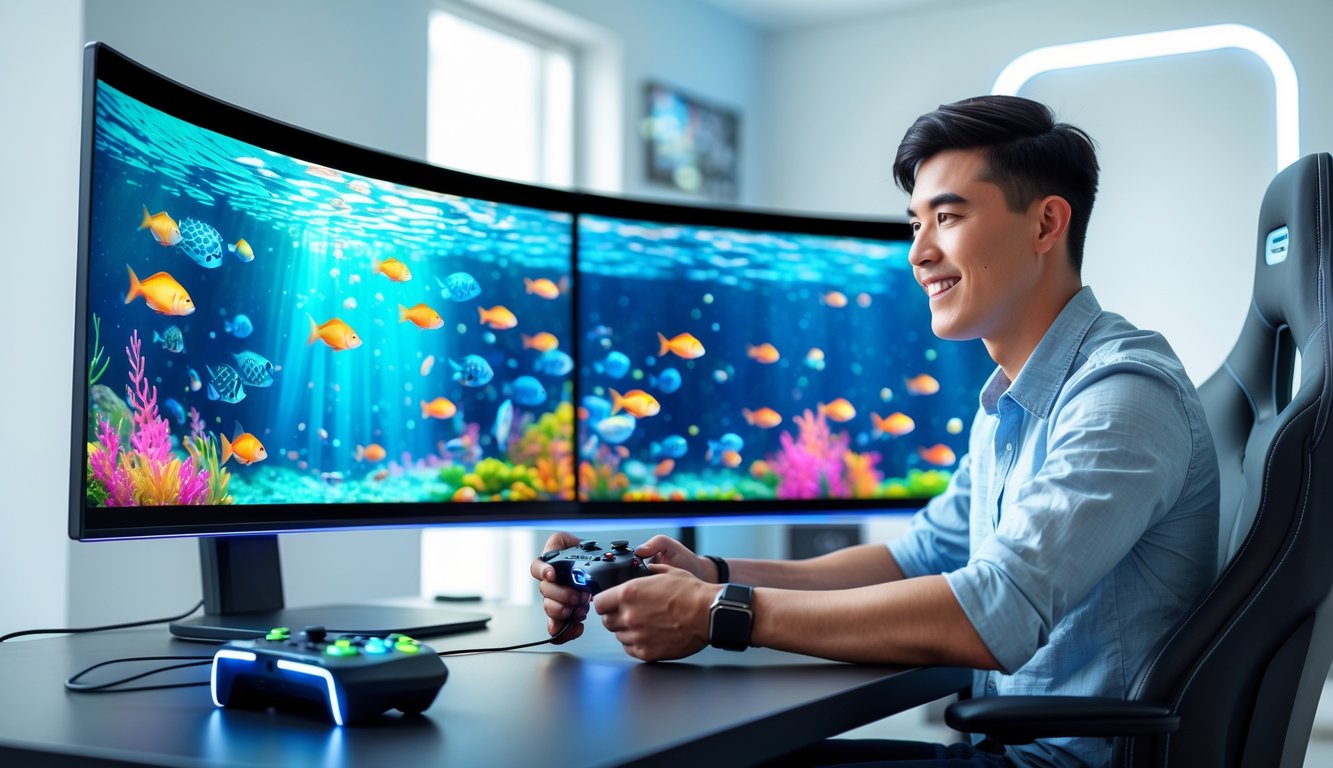 Seorang dewasa muda bermain game menembak ikan secara online di depan monitor besar dengan latar ruangan yang terang dan modern.