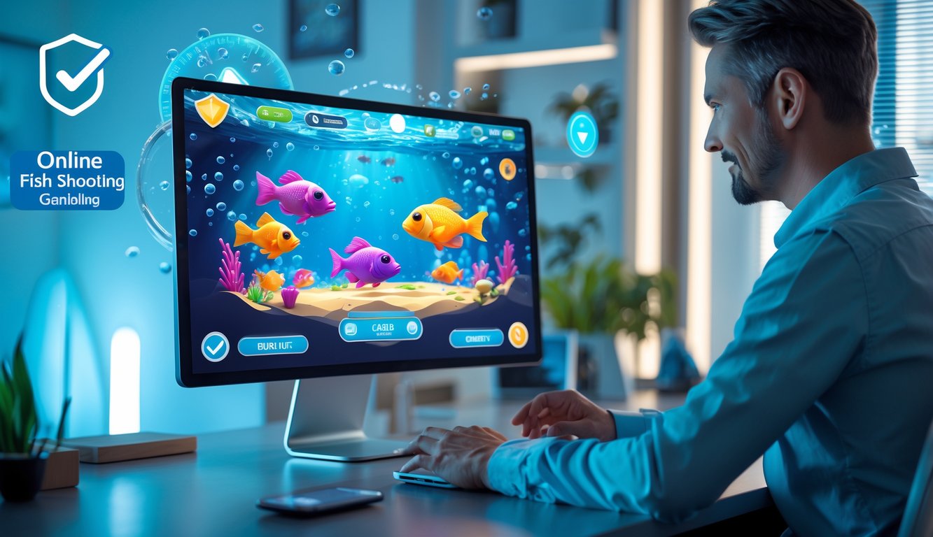 Seseorang menggunakan perangkat digital dengan tampilan permainan tembak ikan berwarna-warni di layar, di ruangan yang terang dan modern.