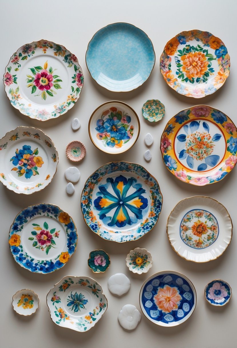 A collection of 15 ceramic plates with various colorful painted designs arranged on a neutral background.