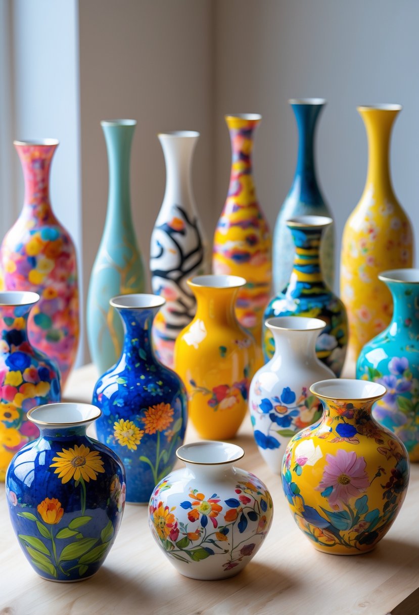 A collection of fifteen uniquely painted ceramic vases arranged on a wooden table.