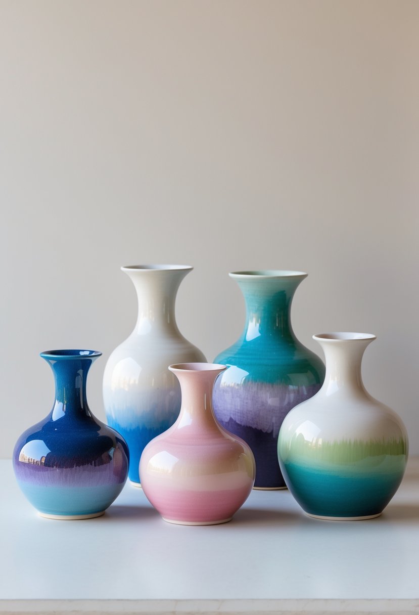 A group of ceramic vases painted with smooth color gradients arranged on a plain surface.