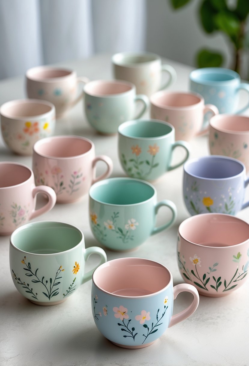 A collection of 15 ceramic cups painted with floral patterns in soft pastel colors arranged on a light surface.