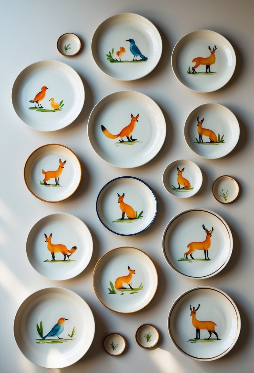 A collection of ceramic plates painted with colorful animal silhouettes arranged on a neutral background.