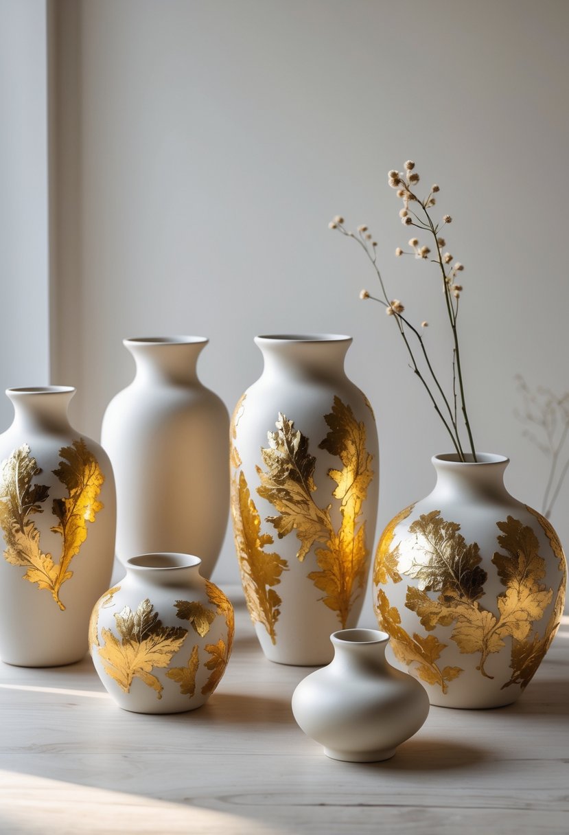 A group of ceramic vases with gold leaf accents arranged on a wooden surface against a plain background.