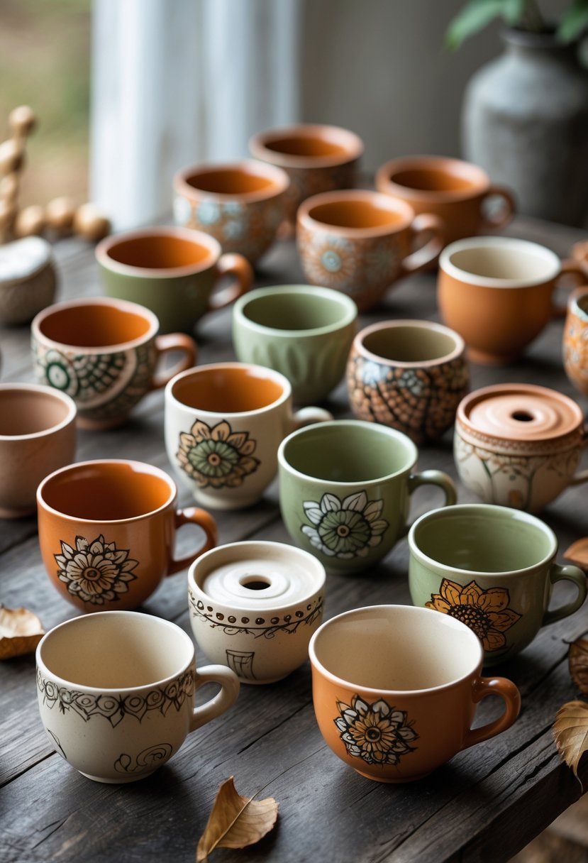 A collection of hand-painted ceramic cups with intricate mandala patterns in earthy colors arranged on a wooden surface.