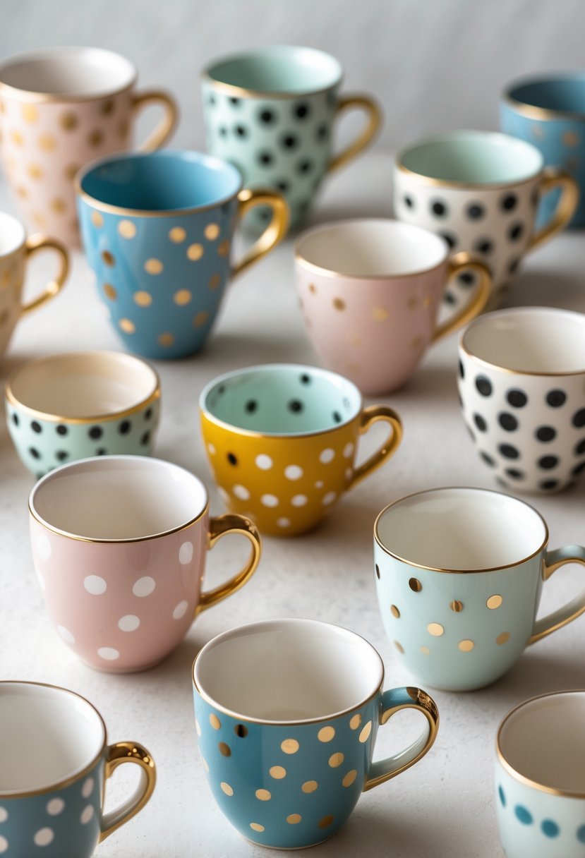 A collection of 15 ceramic cups decorated with colorful polka dots and metallic accents arranged on a plain background.