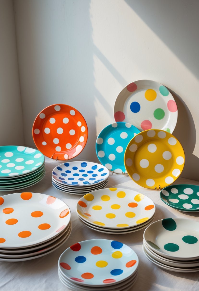 A collection of 15 ceramic plates with colorful polka dot patterns arranged on a neutral surface.