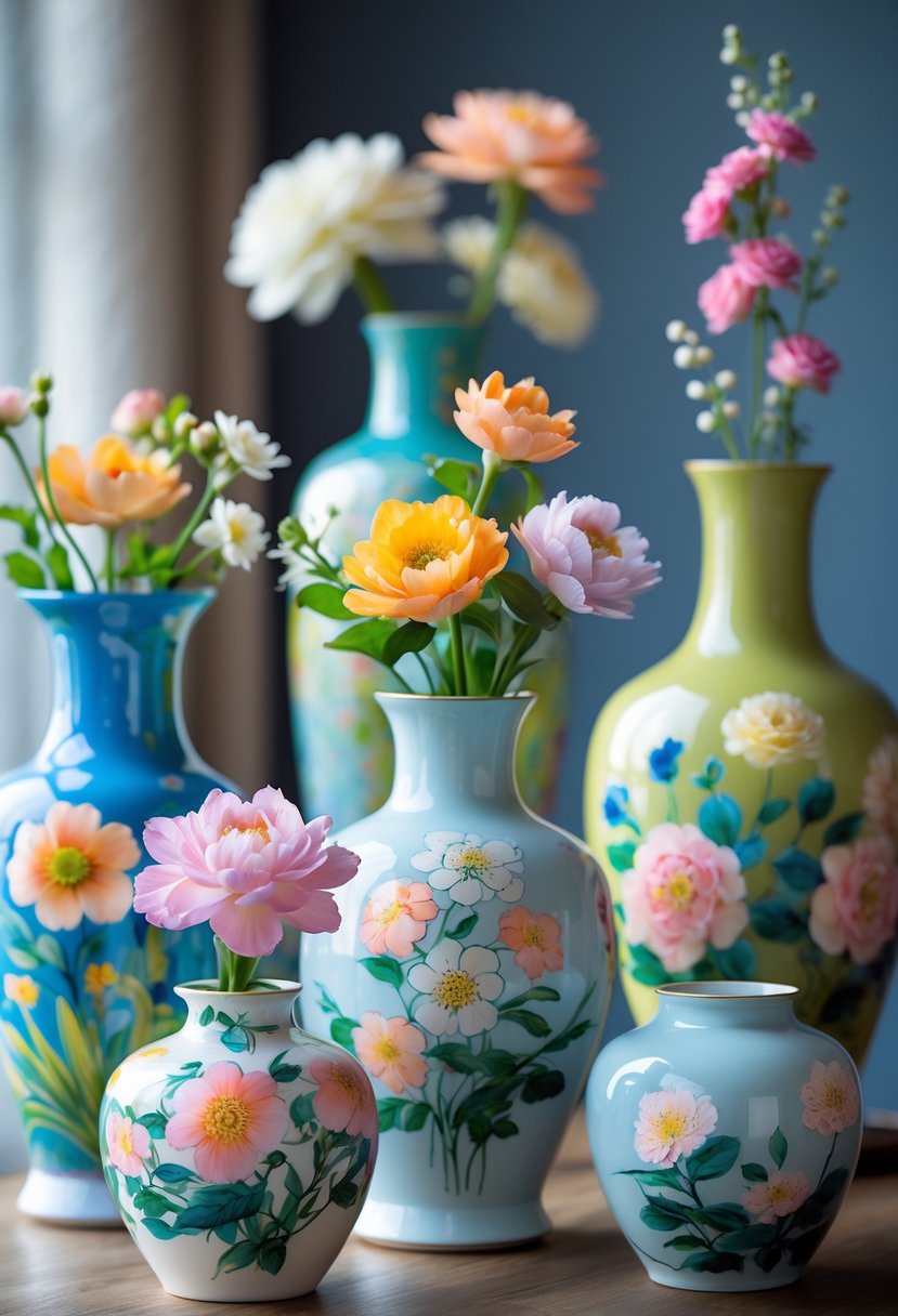 A collection of ceramic vases decorated with colorful floral patterns arranged on a surface.