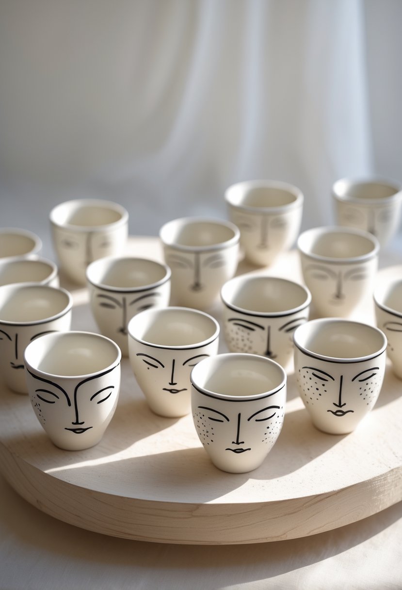 A collection of 15 small ceramic cups with simple line art faces painted on them, arranged neatly on a wooden surface with a plain background.