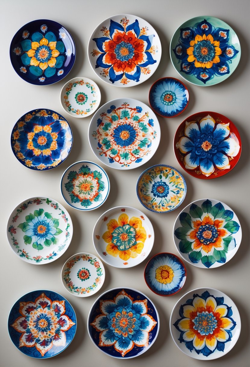 A collection of fifteen hand-painted ceramic plates with colorful mandala patterns arranged on a neutral background.