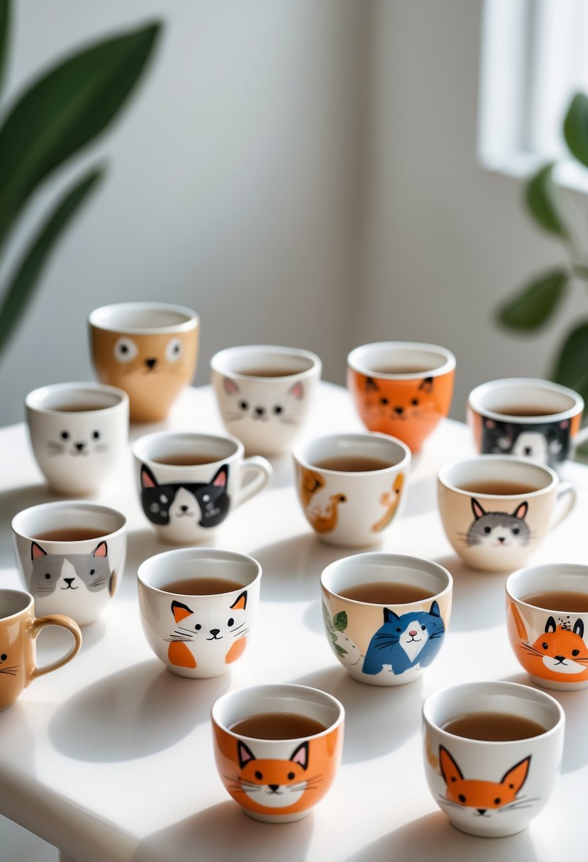 A collection of small ceramic cups painted with various cute animal designs arranged on a white surface.