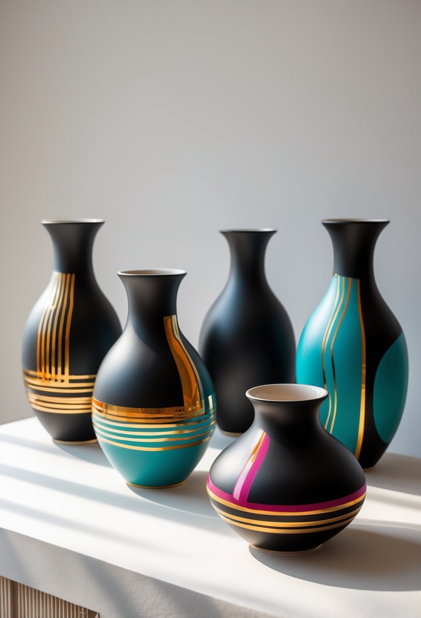 A group of ceramic vases with dark bases and bright colorful lines arranged on a plain surface.