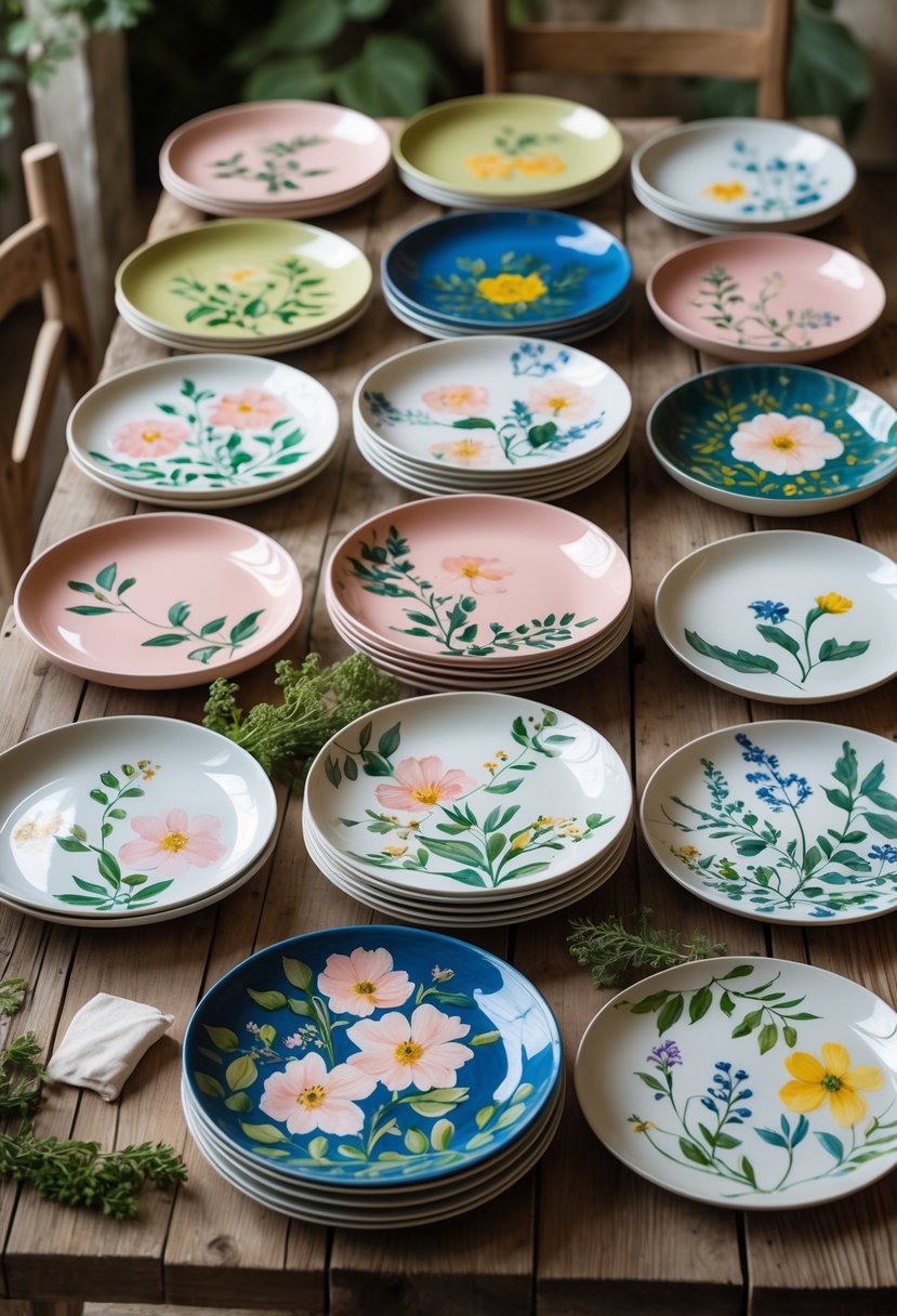 A collection of 15 ceramic plates with colorful floral designs arranged on a wooden table.