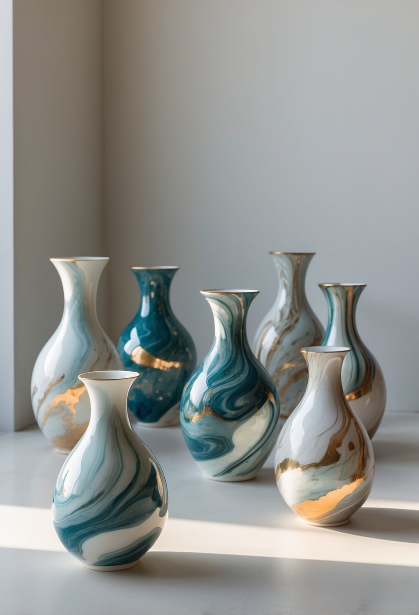 A group of ceramic vases with colorful swirling patterns arranged on a simple surface.