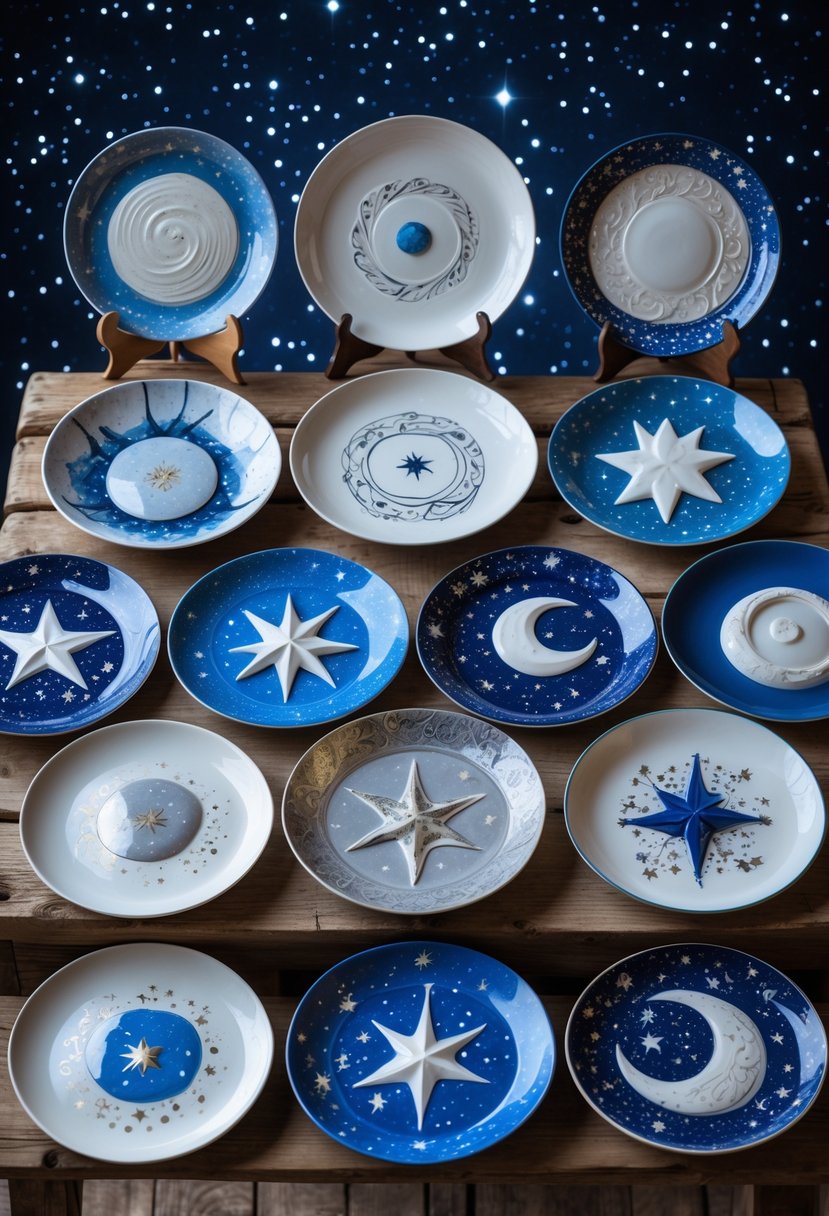 A collection of 15 hand-painted ceramic plates with star and moon designs arranged on a wooden table under a starry night sky.
