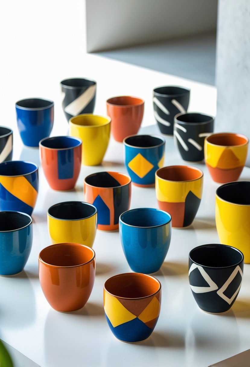 A collection of colorful ceramic cups with bold geometric patterns arranged on a white surface.