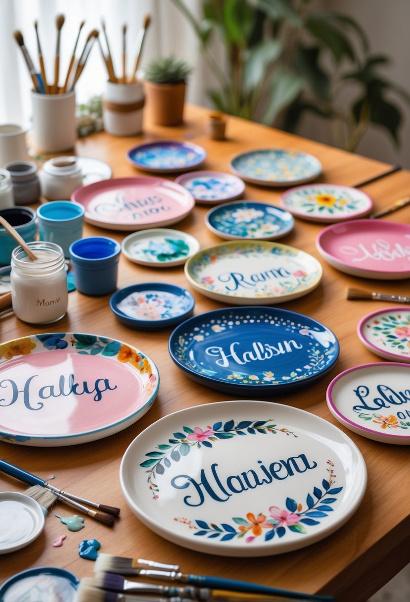 A table displaying several hand-painted ceramic name plates with painting supplies around them.