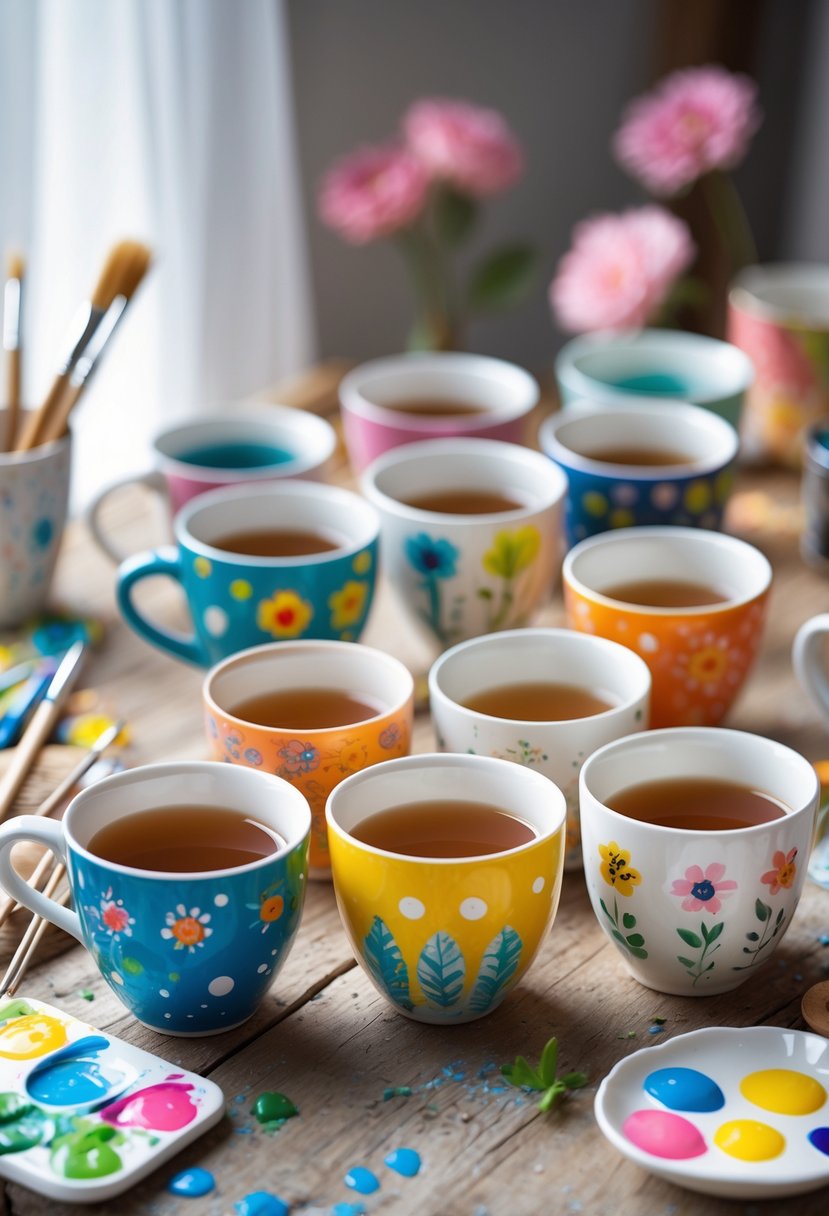 A collection of colorful hand-painted ceramic cups arranged on a wooden table with painting supplies nearby.