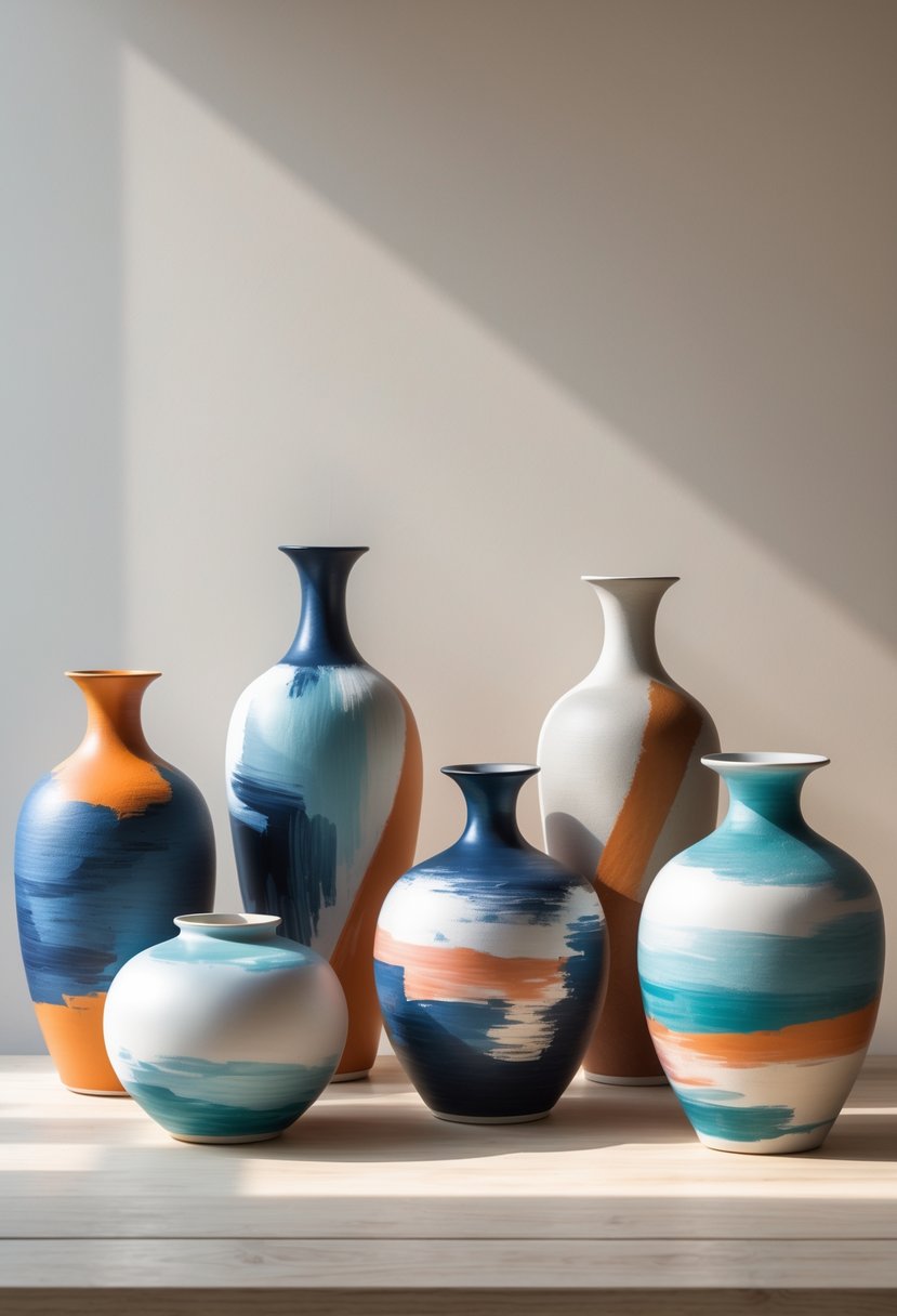 A group of ceramic vases painted with colorful abstract brushstrokes displayed on a wooden surface.