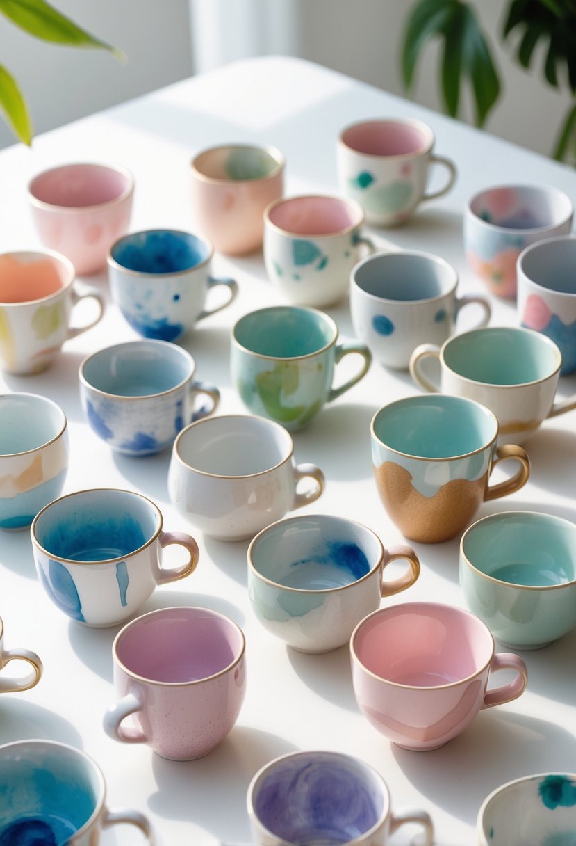 A group of colorful ceramic cups with various abstract watercolor designs arranged on a white surface.