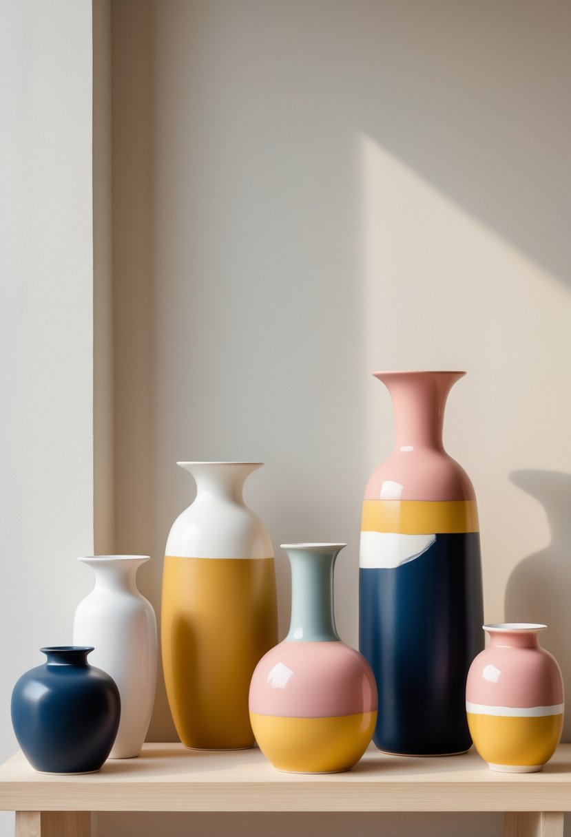 A collection of ceramic vases with striped color blocking designs arranged on a wooden shelf against a neutral background.