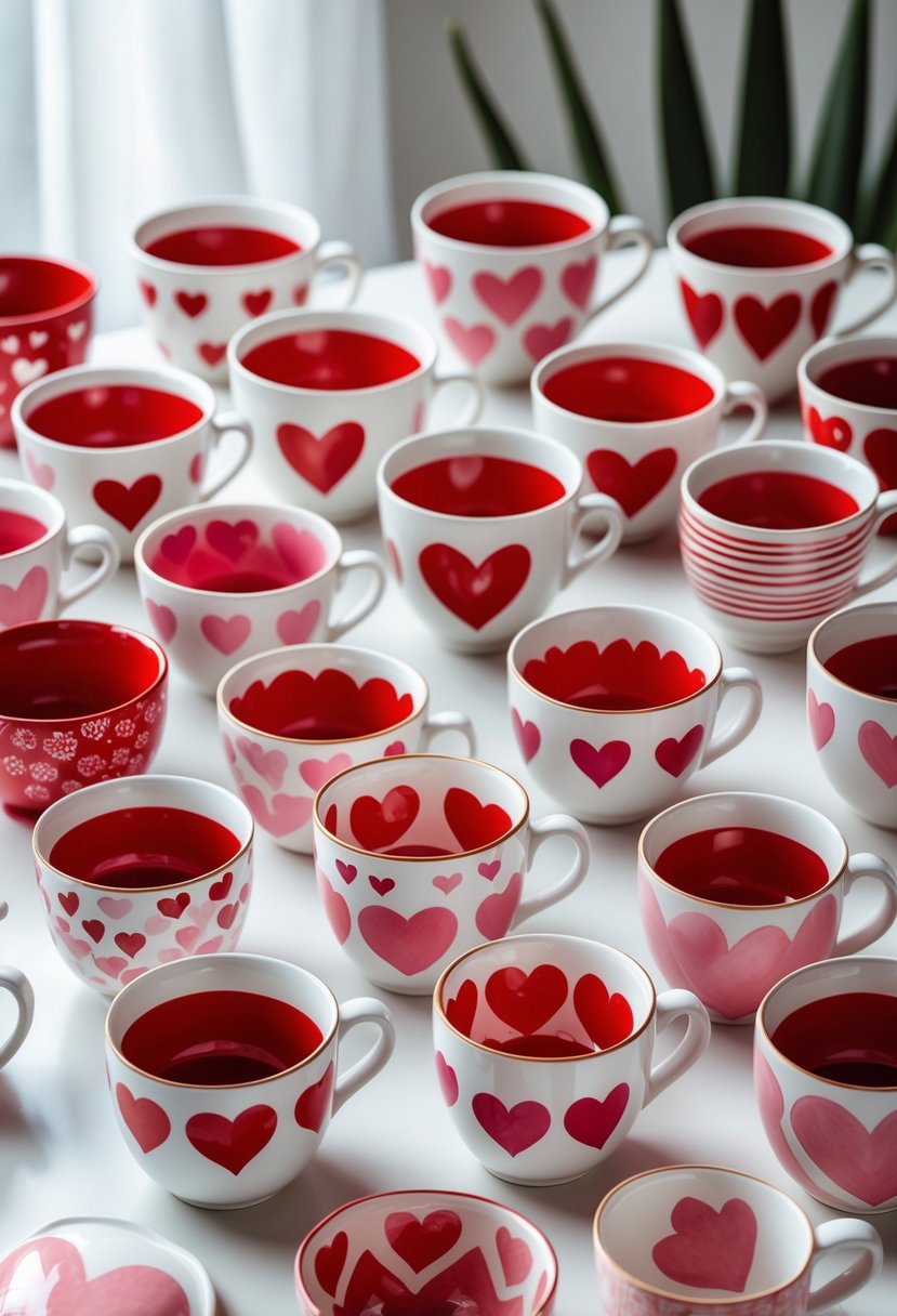 A collection of ceramic cups painted with red and pink heart designs arranged on a white surface.