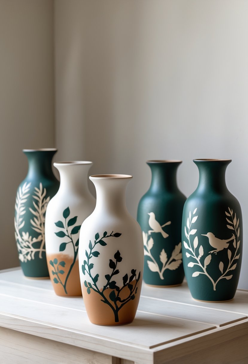 A group of ceramic vases painted with nature-inspired silhouettes arranged on a wooden surface.